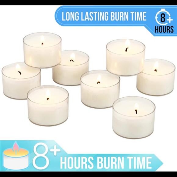 Bulk Unscented Smokeless Long Clear Cup Tea Light Candles with 8 Hour Extended - Picture 6 of 7